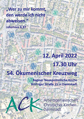 Plakat: Die Arbeitsgemeinschaft Christlicher Kirchen Darmstadt (ACK) lädt zum 54. Ökumenischen Kreuzweg ein