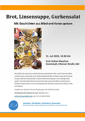 Plakat: Einladung zu einer kulinarischen Reise durch Bibel und Koran