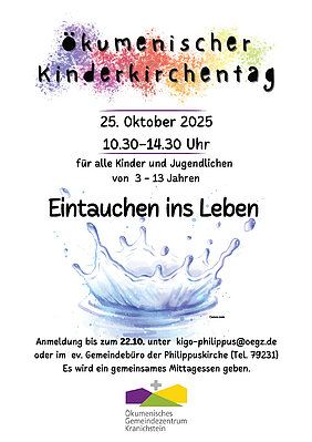 Ankündigungsplakat für den kommenden ökumenischen Kinderkirchentag in Kranichstein