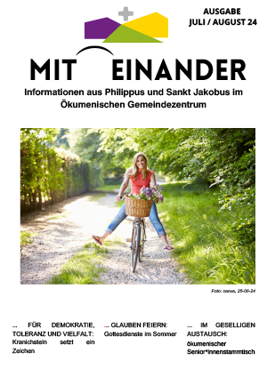 Titelmotiv der aktuellen Miteinander-Ausgabe vom Ökumenischen Gemeindezentrum Darmstadt St. Jakobus: Juli/August 2024: Radfahrerin im Grünen